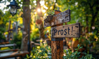 Rustic wooden sign with the words "Prost!" painted on it at the Oktoberfest festival.