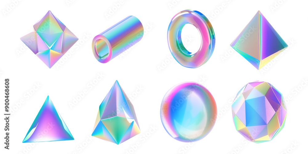 Poster holographic abstract shapes in unique geometric forms on isolated background