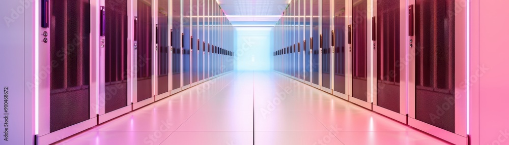 Poster vibrant data center hallway showcasing illuminated server racks and modern design for technology and