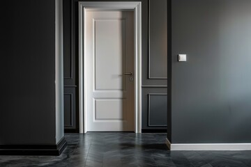 Obraz premium White Doorway in a Dark Hallway with Herringbone Flooring
