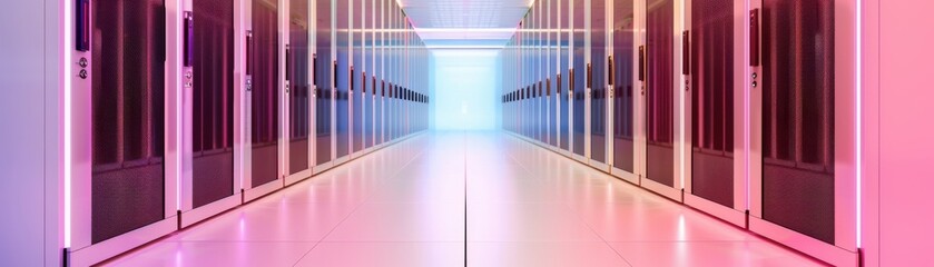Obraz premium Vibrant data center hallway showcasing illuminated server racks and modern design for technology and innovation themes.