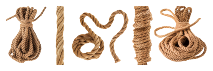 Set of ropes on isolated background. Coils and knots of hemp rope.