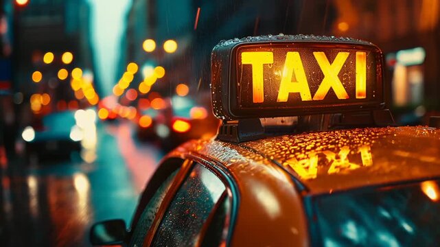 Taxi sign on the roof of a taxi in rainy day. Slow motion