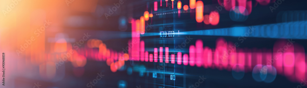 Poster vibrant neon graphs and data visualizations on a digital display, showcasing data analysis, stock ma