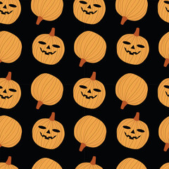 Halloween seamless pattern. Pumpkin with a face on a black background. Vector illustration for fabric, packaging, background, card, case, cover