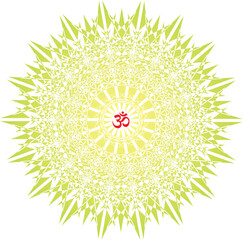 Openwork mandala in green and yellow with the sign aum, om, ohm in center. Vector graphics art. Esoteric pictures.