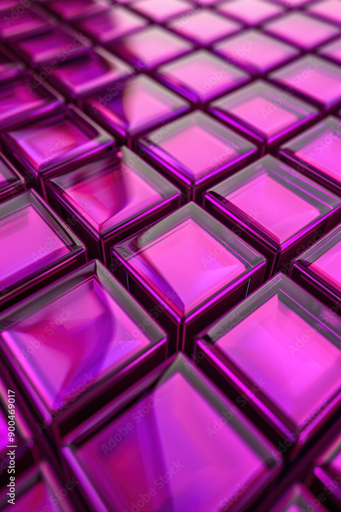 Poster abstract background with a vibrant pattern of reflective, magenta, glass-like squares arranged in a 