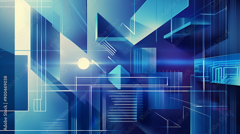 Poster a blue and orange abstract design with many shapes and lines. the design is made up of squares and t
