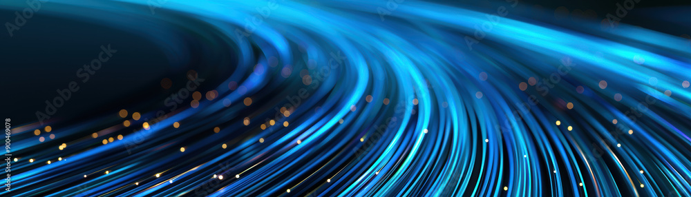 Poster abstract blue light trails in motion on a dark background, creating dynamic lines and sparkles, symb