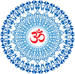 Openwork mandala in blue colors with the sign aum, om, ohm. Vector graphics art. Esoteric pictures.