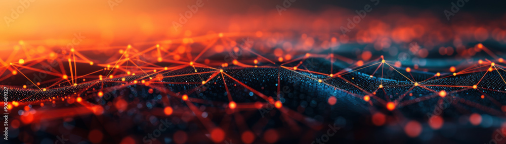 Poster abstract digital network with glowing nodes and connecting lines in a dark background, representing 