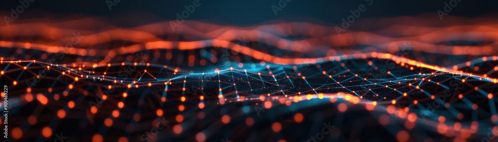 Poster abstract digital landscape with glowing network of nodes and lines, symbolizing technology, data tra