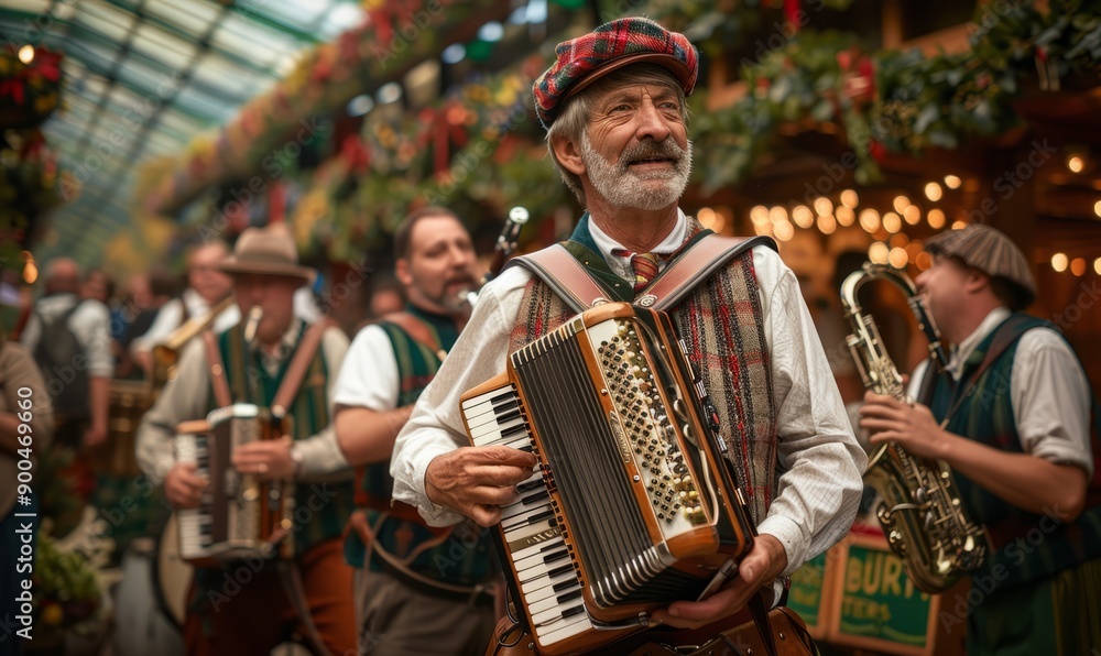 Wall mural Traditional Bavarian band playing lively tunes on accordion and brass instruments, entertaining the crowd at the Oktoberfest festival.