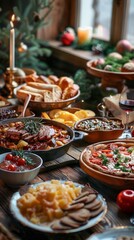 Fototapeta premium Rustic table set with an array of Bavarian delicacies under festive decor.