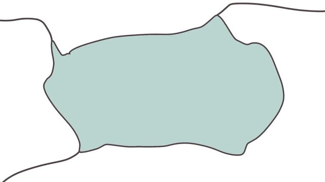 Thin lines extend from the grey, changing island. The object imitates a piece of fabric or flag  stretched with strings.