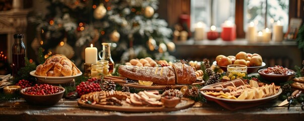 Fototapeta premium Rustic table set with an array of Bavarian delicacies under festive decor.