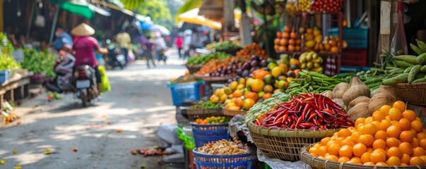 Fototapeta premium Scenic view of a vibrant marketplace with stalls offering traditional foods.