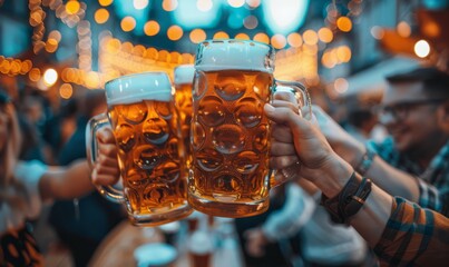 Group of people in lederhosen and dirndls raising their beer steins in a cheerful toast at the Oktoberfest festival.