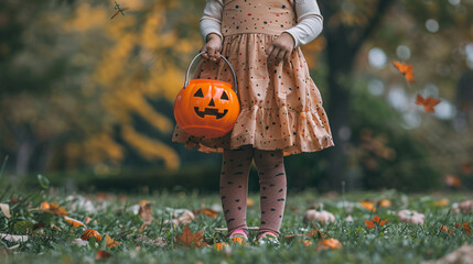 Obraz premium Young girl is standing in a grassy field holding a plastic pumpkin bucket on a fall day