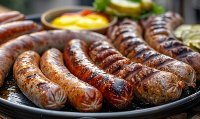 Fototapeta premium Plate of assorted grilled sausages served with mustard and pickles at the Oktoberfest festival.