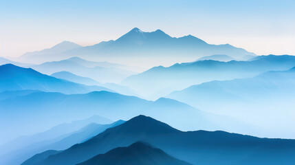 A serene mountain landscape with layers of blue-hued peaks extending into the horizon, creating a tranquil and ethereal ambiance.