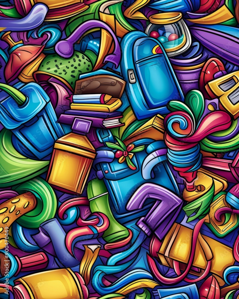 Poster Colorful abstract doodle pattern with vibrant shapes and objects.