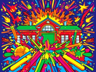 Obraz premium Colorful abstract illustration of school building with pencils and stars.