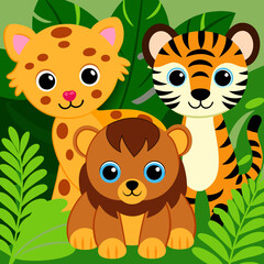 Cartoon wild animals in the jungle vector art illustration
