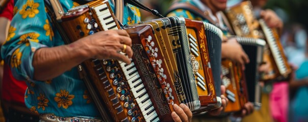 Traditional band playing accordion and brass instruments, entertaining the crowd.