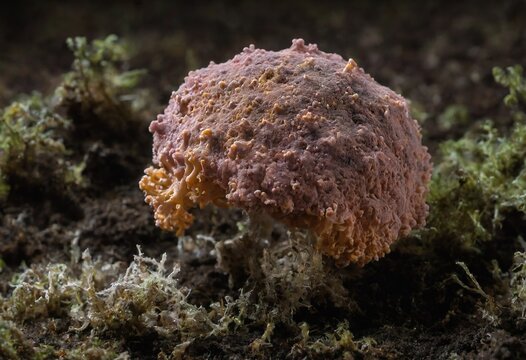 Microscope of mucous mold exploding in natural habitat,  Generative AI