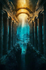 Fototapeta premium Rediscovering Atlantis: Exploring the Enigmatic Ruins of a Legendary Island Civilization Submerged in the Depths of the Ocean, Featuring Impressive Temples and Classical Columns