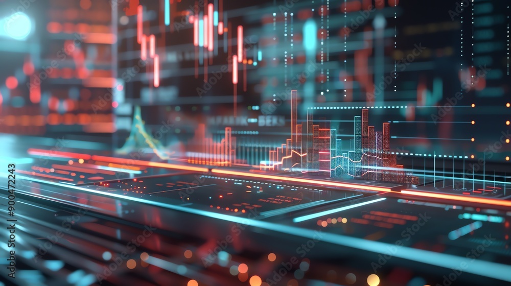 Aufkleber 3d rendering of a circuit board with glowing red and blue lines. the background is dark with a glowi