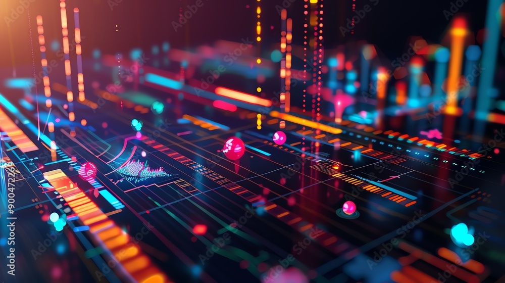 Aufkleber 3d rendering of a circuit board with glowing pink and blue lights. the background is dark and there 