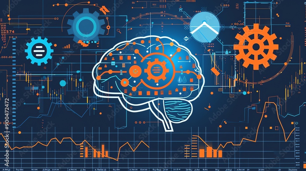 Poster 3d rendering of an illustration of a brain with clockwork gears. the background is dark blue with or