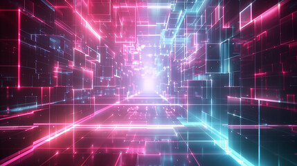 Obraz premium A neon colored tunnel with pink and blue lights. The tunnel is filled with squares and lines. The tunnel is very bright and colorful