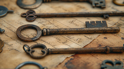 Antique Key Collection: A close-up shot of a collection of antique keys laid out on an aged parchment. The 50mm lens highlights the intricate details and rustic charm of each key.