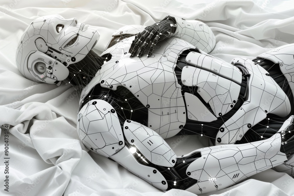 Aufkleber humanoid robot lying on a bed reflecting the intersection of technology and human like attributes