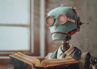 Portrait of a teacher humanoid robot in a classroom