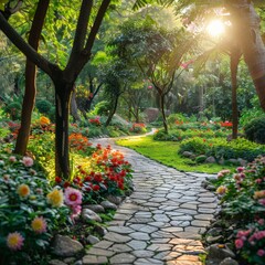 Tranquil Garden Oasis Bursting with Colorful Flowers