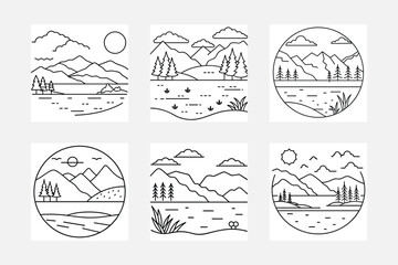 Beautiful lake line art illustration set
