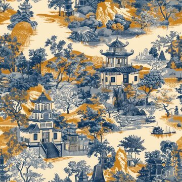 antique golden and blue asian temple pagode illustration in style of toile de jouy as seamless repeating pattern