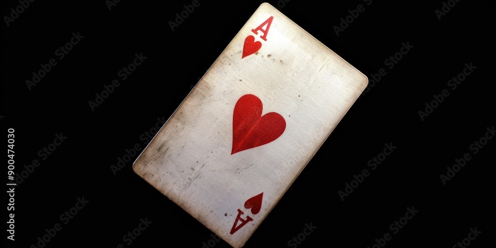 Poster close-up view of a playing card featuring a heart symbol, suitable for use in various designs and pr