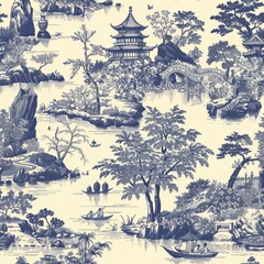 blue toile de jouy asian antique style art seamless repeating pattern
