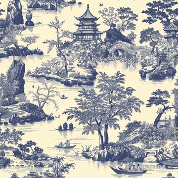 blue toile de jouy asian antique style art seamless repeating pattern