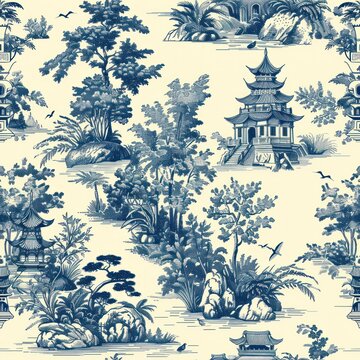 chinese antique print pattern toile de jouy pagode seamless repeating