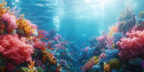 Naklejka premium Vibrant Underwater Coral Reef Teeming with Marine Life