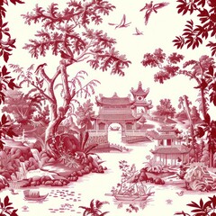 red toile de jouy antique chinese asian style art seamless repeating pattern