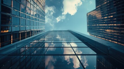 A view of a tall building from the ground level, showcasing its architecture and design