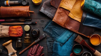Top view of a wooden table with leatherworking tools and materials.