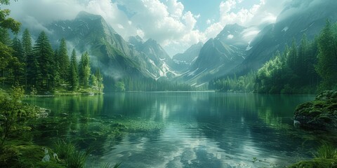 Serene Mountain Lake Surrounded by Lush Evergreen Forests